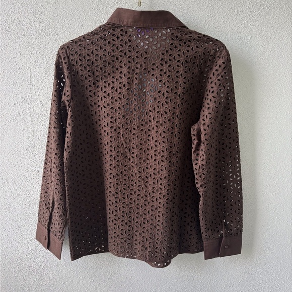 Susan Graver Style Brown Eyelet Long Sleeve Button Up Blouse Size S 100% Cotton - Picture 2 of 12